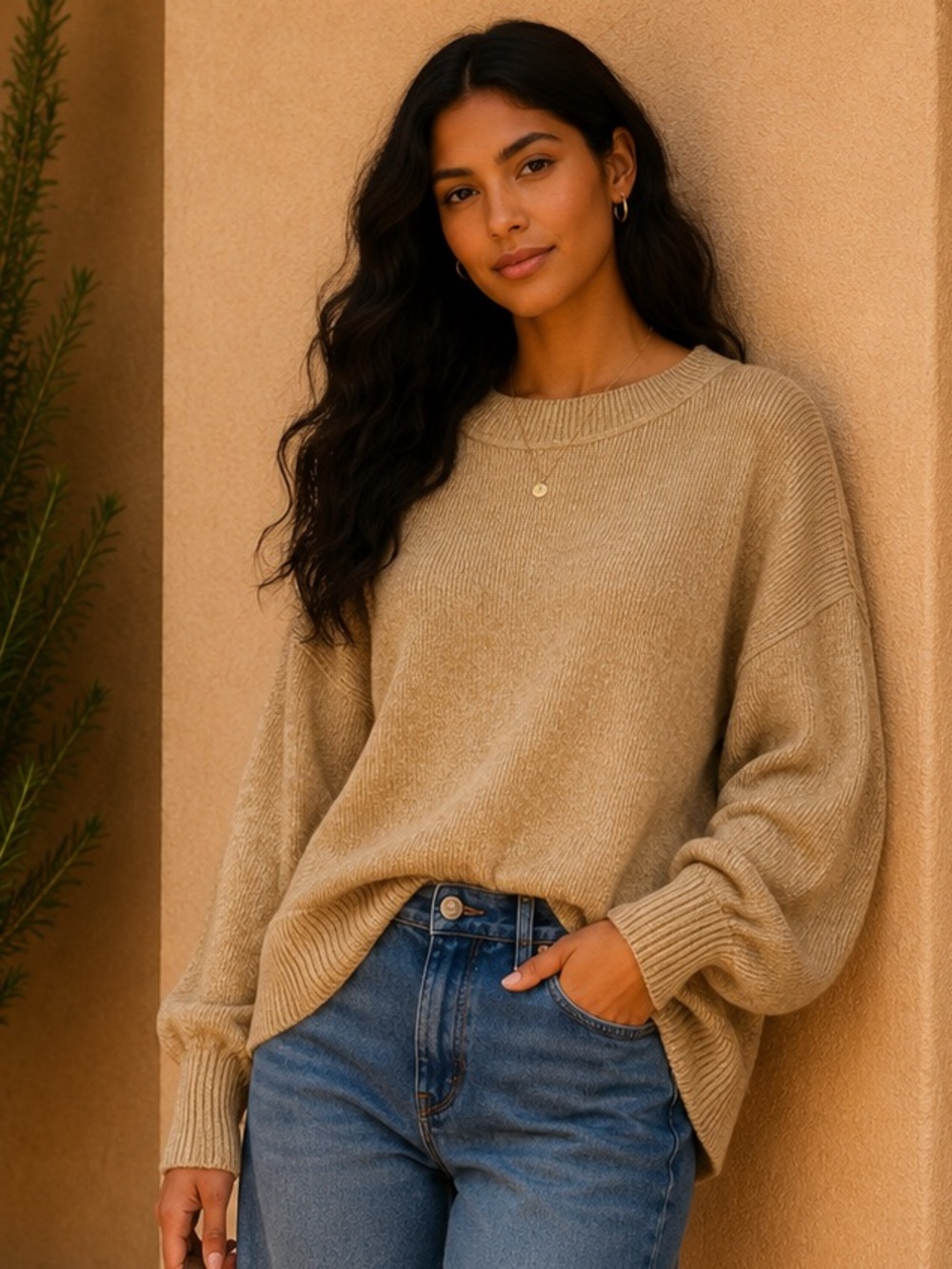 Moco Boutique Tan Relaxed Boatneck Knit Sweater Medium